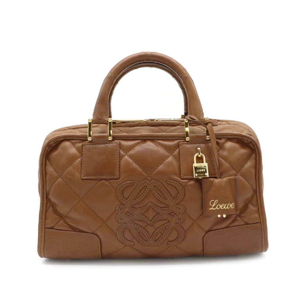 Loewe Amazona Leather Handbag Boston Bag Quilted Pouch Clutch Brown